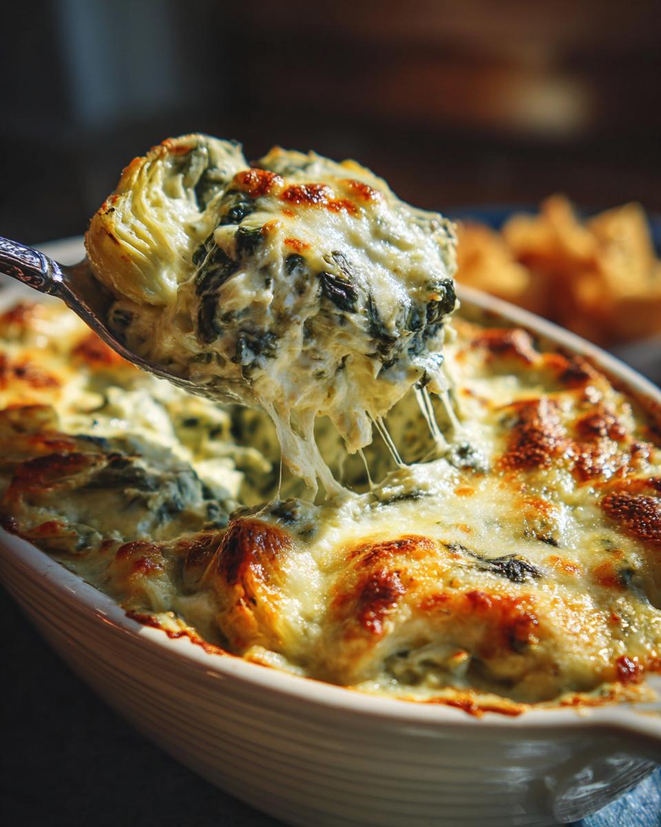 A spoonful of gooey crockpot spinach artichoke dip being lifted from a white baking dish, showing melted cheese.