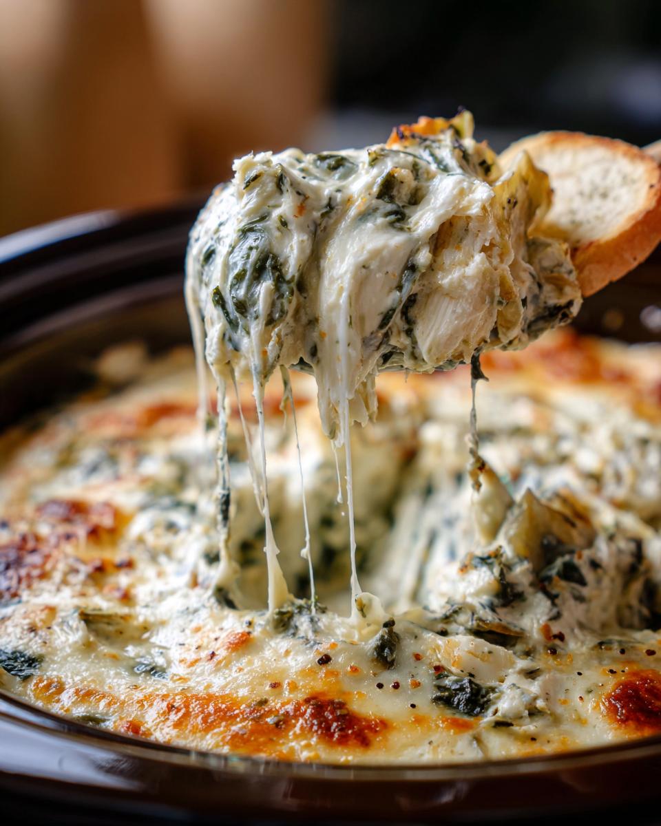 A scoop of gooey crockpot spinach artichoke dip being lifted with a slice of toasted bread, showing melted cheese strings.