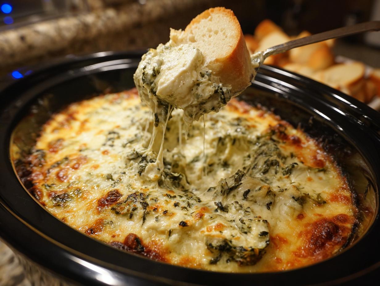 A scoop of cheesy crockpot spinach artichoke dip being lifted with a piece of bread, showing gooey cheese.