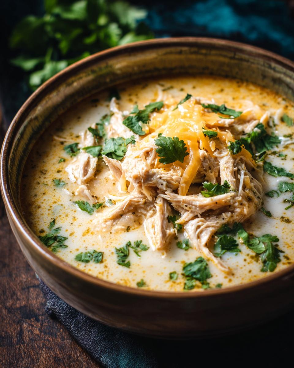 A close-up of a bowl of crockpot white chicken chili, topped with shredded chicken, melted cheese, and fresh cilantro.