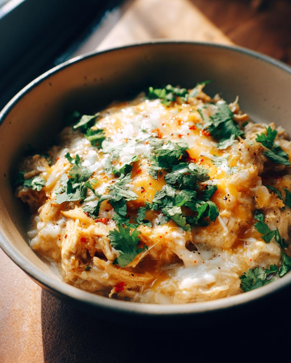 A close-up of a bowl of crockpot white chicken chili topped with melted cheese, fresh cilantro, and a sprinkle of red pepper flakes.