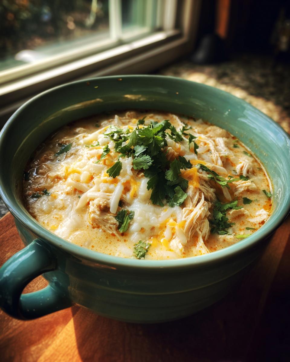 A close-up of a bowl of crockpot white chicken chili topped with shredded cheese and cilantro.