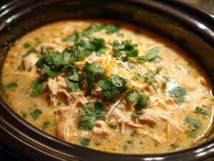 A close-up view of a crockpot filled with creamy crockpot white chicken chili, topped with shredded cheese and fresh cilantro.