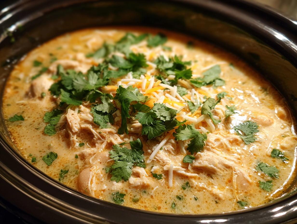 A close-up view of a crockpot filled with creamy crockpot white chicken chili, topped with shredded cheese and fresh cilantro.