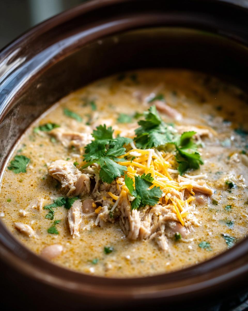 A close-up view of creamy crockpot white chicken chili topped with shredded cheese and fresh cilantro.