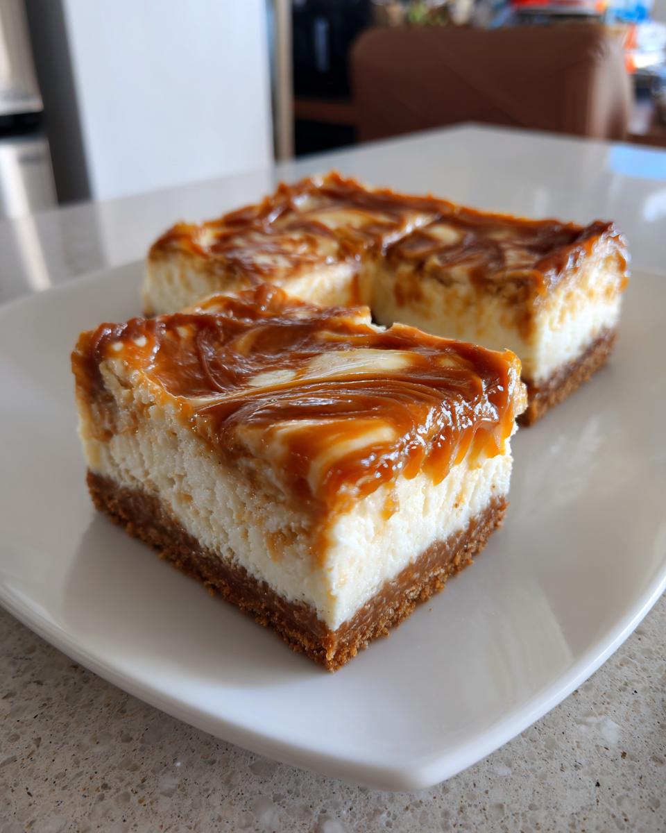 Close-up of two Dulce de Leche Cheesecake Bars on a white plate, showcasing the creamy filling and caramel swirl.