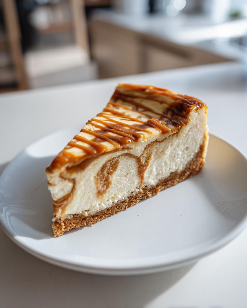 A slice of decadent Dulce de Leche cheesecake bars on a white plate, drizzled with caramel.