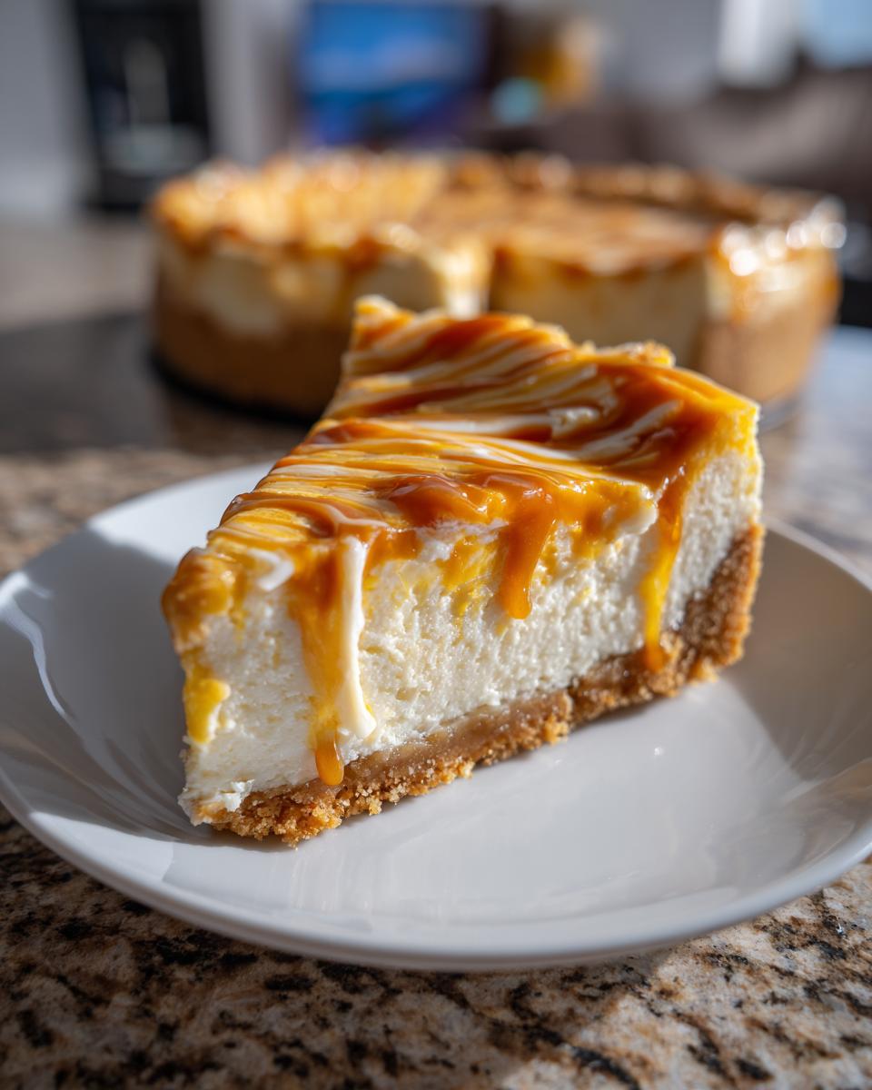 A slice of decadent Dulce de Leche cheesecake bars with a graham cracker crust and caramel swirl.