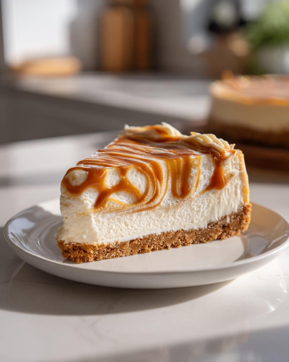 A slice of decadent Dulce de Leche cheesecake bars with a graham cracker crust and caramel swirls.