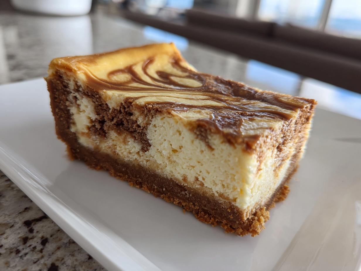 A close-up of a slice of Dulce de Leche Cheesecake Bars on a white plate, showing the swirled topping and graham cracker crust.
