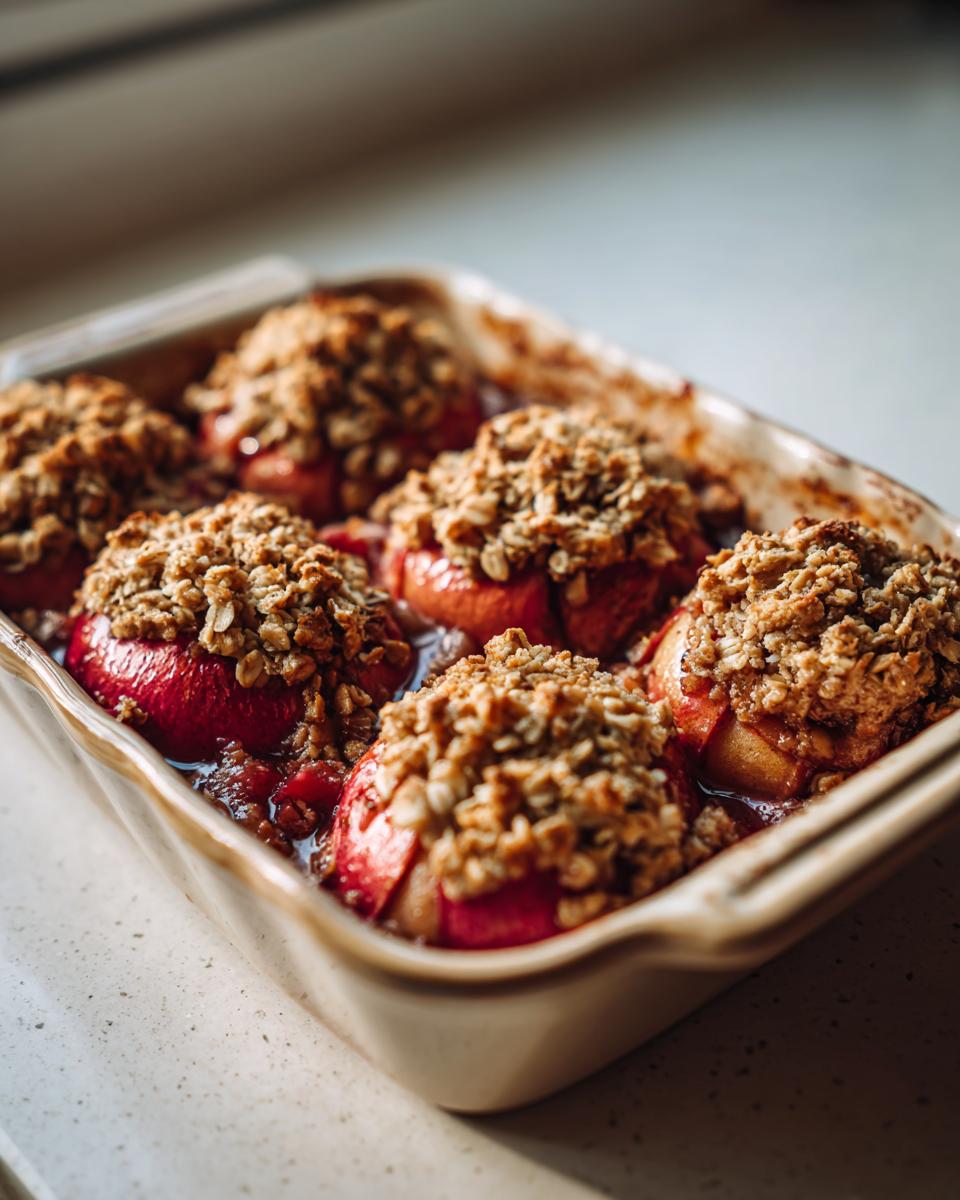 Six baked apples with a crumbly topping in a baking dish, showcasing the easy apple crisp.