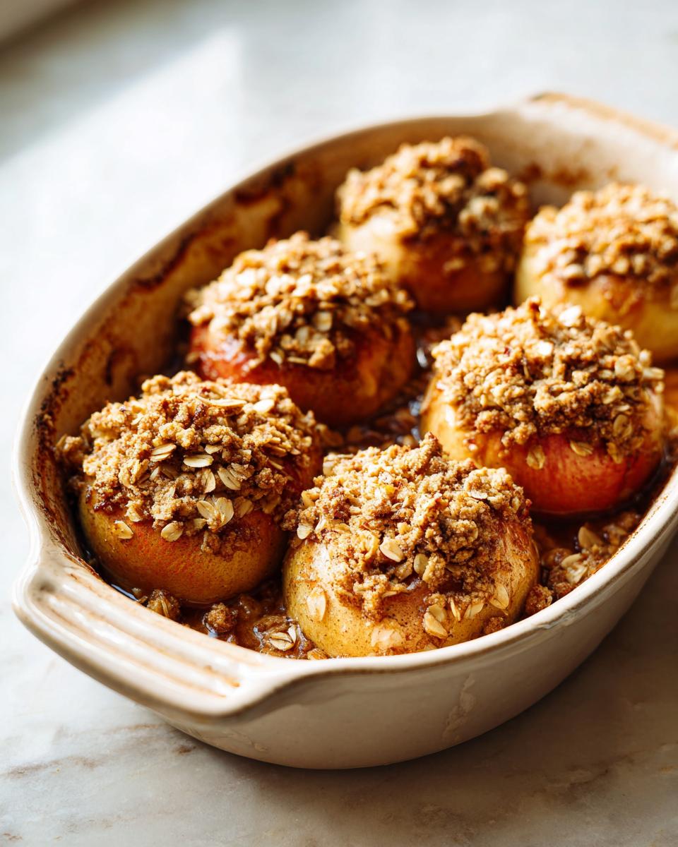 Six baked apples topped with a crunchy crumble topping, ready to serve as an easy apple crisp.