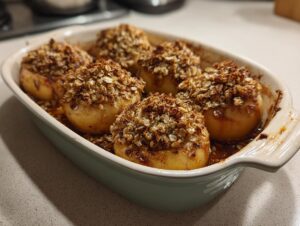 Six baked apples with a golden brown oat and spice topping in a baking dish, showcasing an easy apple crisp.
