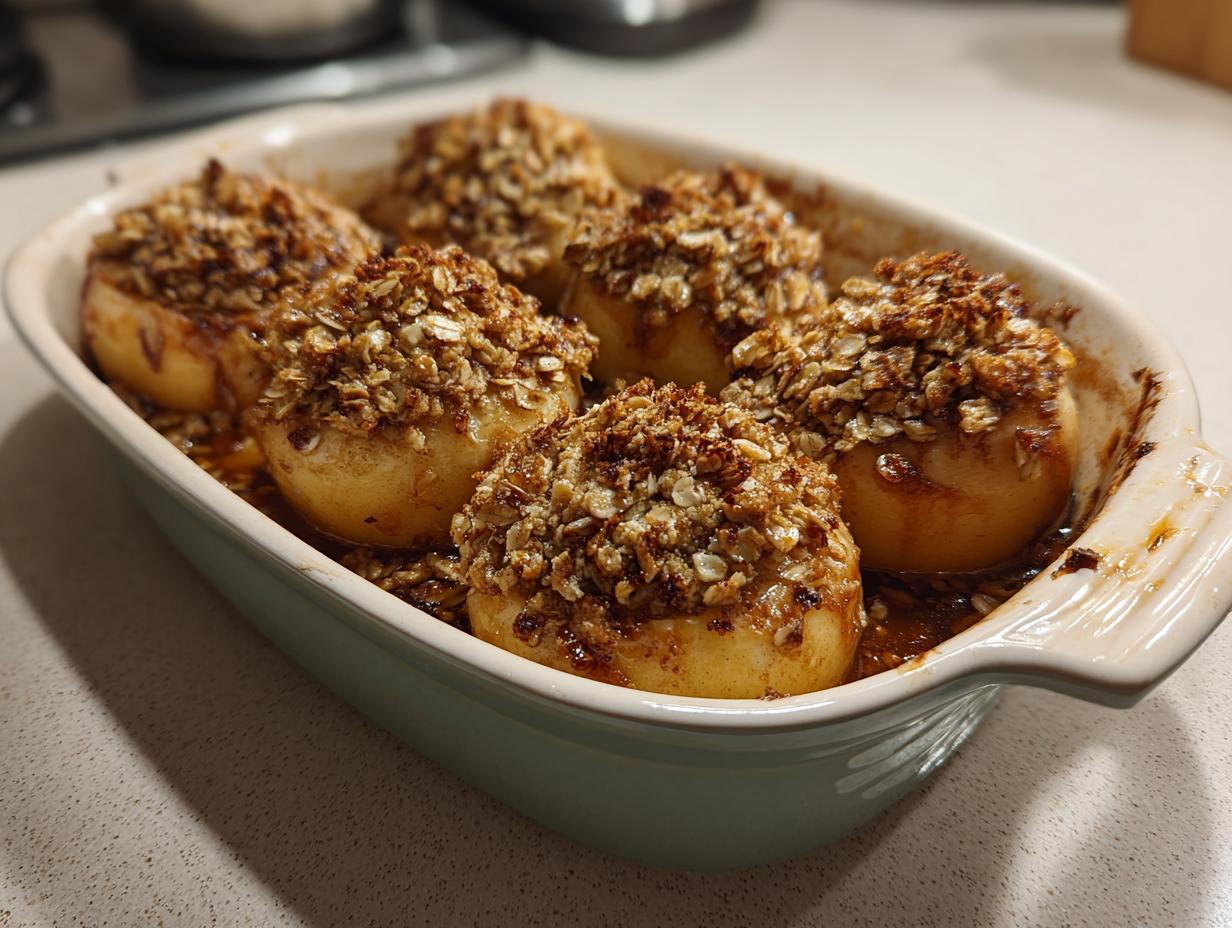 Six baked apples with a golden brown oat and spice topping in a baking dish, showcasing an easy apple crisp.