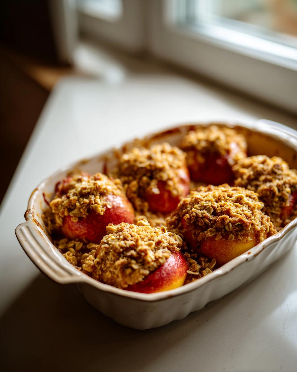 Six whole apples topped with a crumbly oat topping in a baking dish, ready for an easy apple crisp.