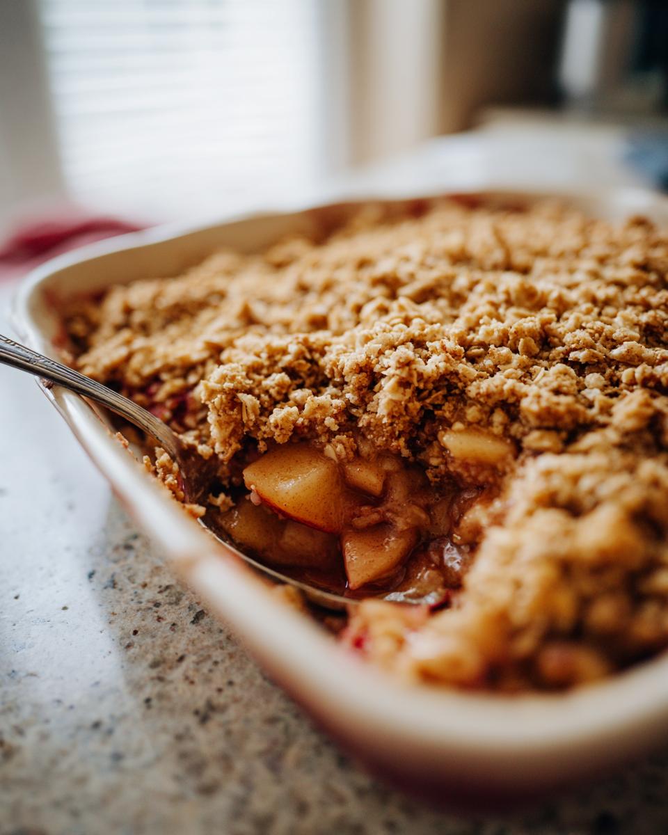 A spoonful of warm, delicious easy apple crisp with a golden brown oat topping and tender baked apples.