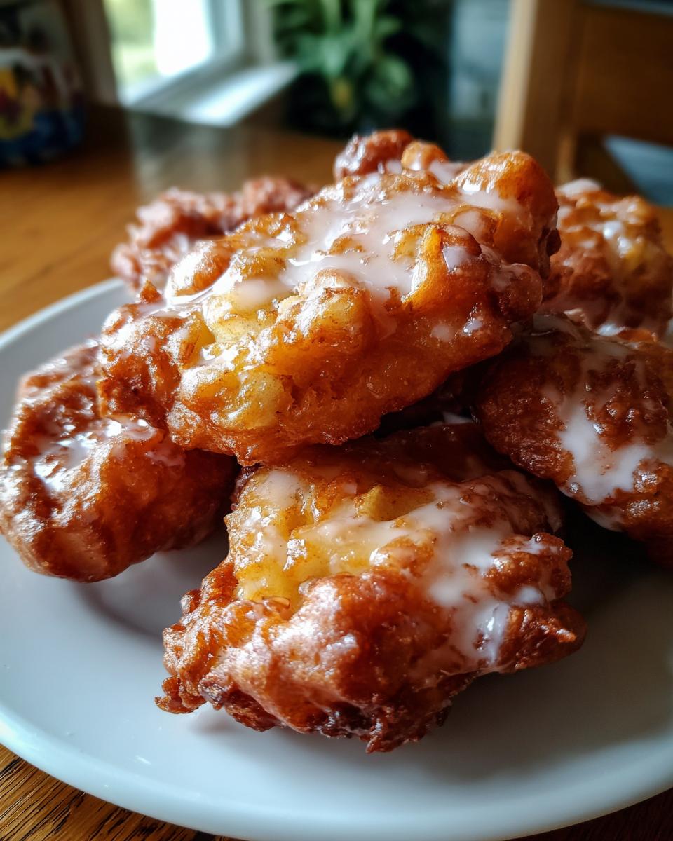 A close-up of a pile of golden brown easy apple fritters drizzled with a white glaze.