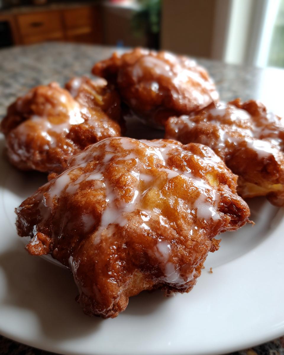 Close-up of golden brown easy apple fritters drizzled with white glaze on a white plate.