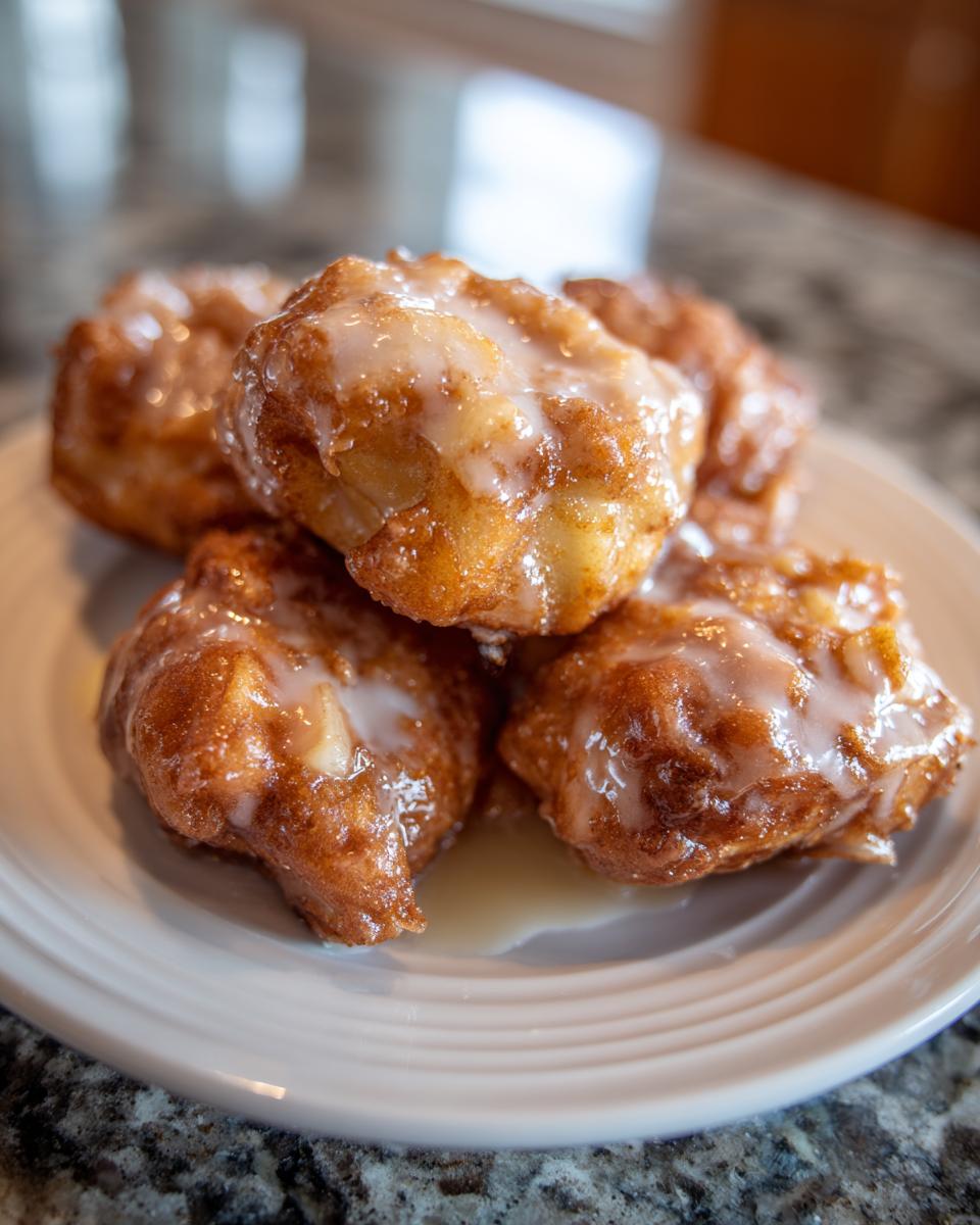 A close-up of golden brown easy apple fritters drizzled with a sweet white glaze on a white plate.