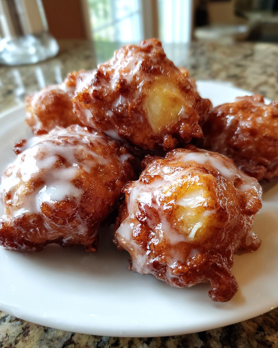 A close-up of a pile of golden-brown easy apple fritters drizzled with white glaze on a white plate.