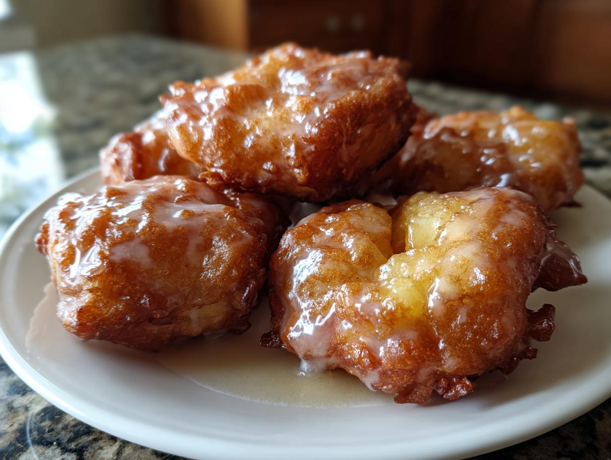 A close-up of several golden-brown easy apple fritters, drizzled with a sweet white glaze, piled on a white plate.