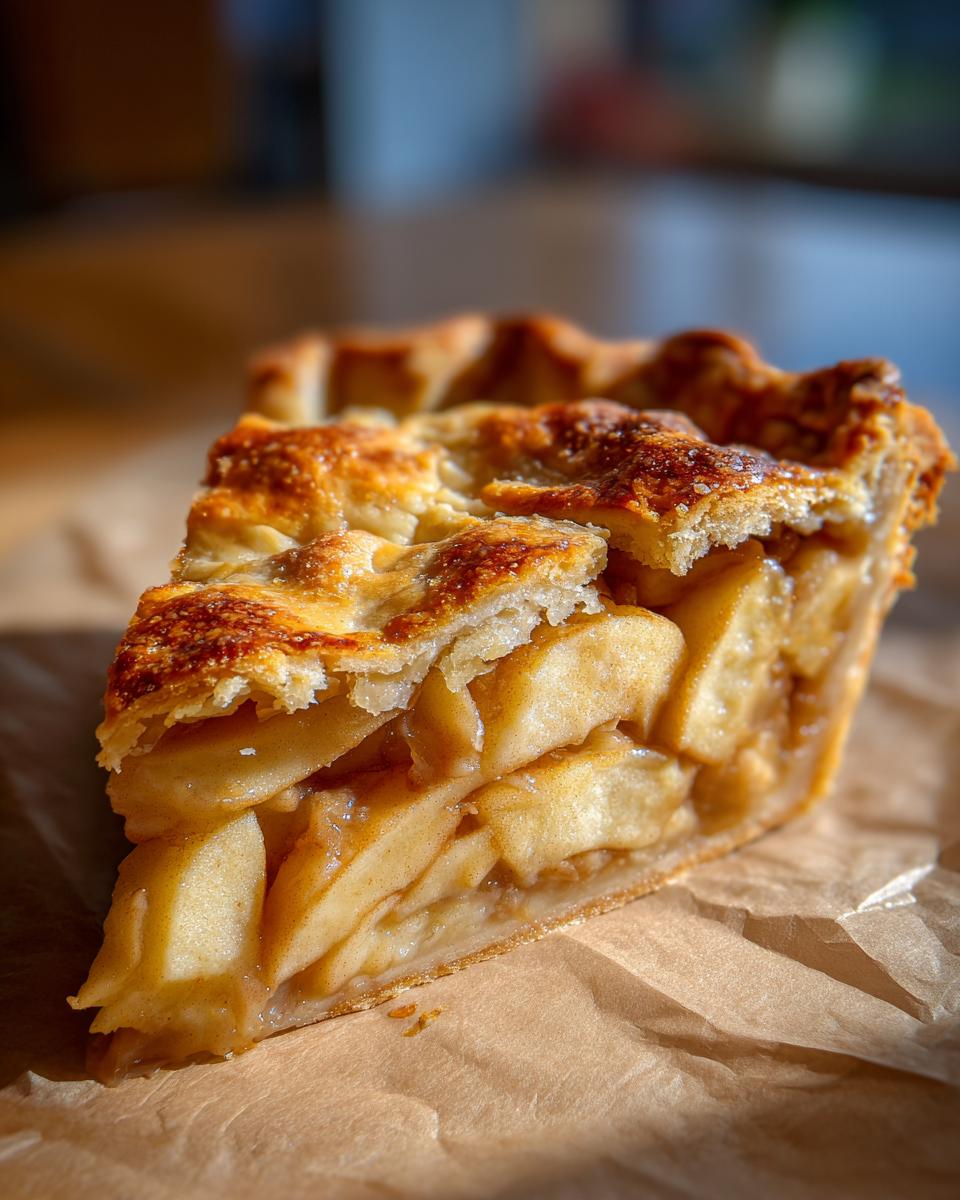 A close-up view of a thick slice of easy apple pie, showcasing the flaky crust and tender apple filling.