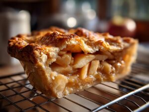 A close-up of a slice of easy apple pie, showing the flaky crust and tender apple filling.