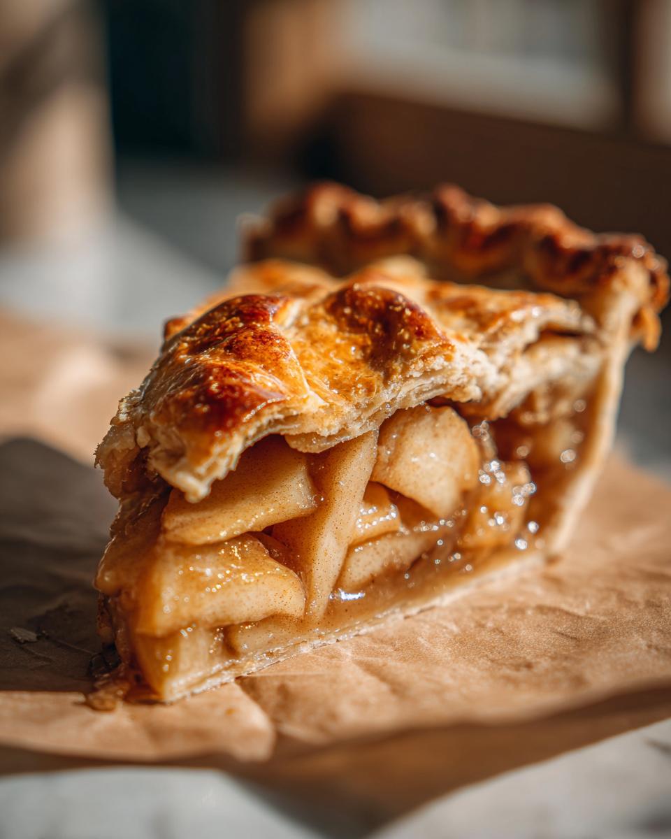 A close-up shot of a slice of easy apple pie, showcasing the flaky crust and tender apple filling.