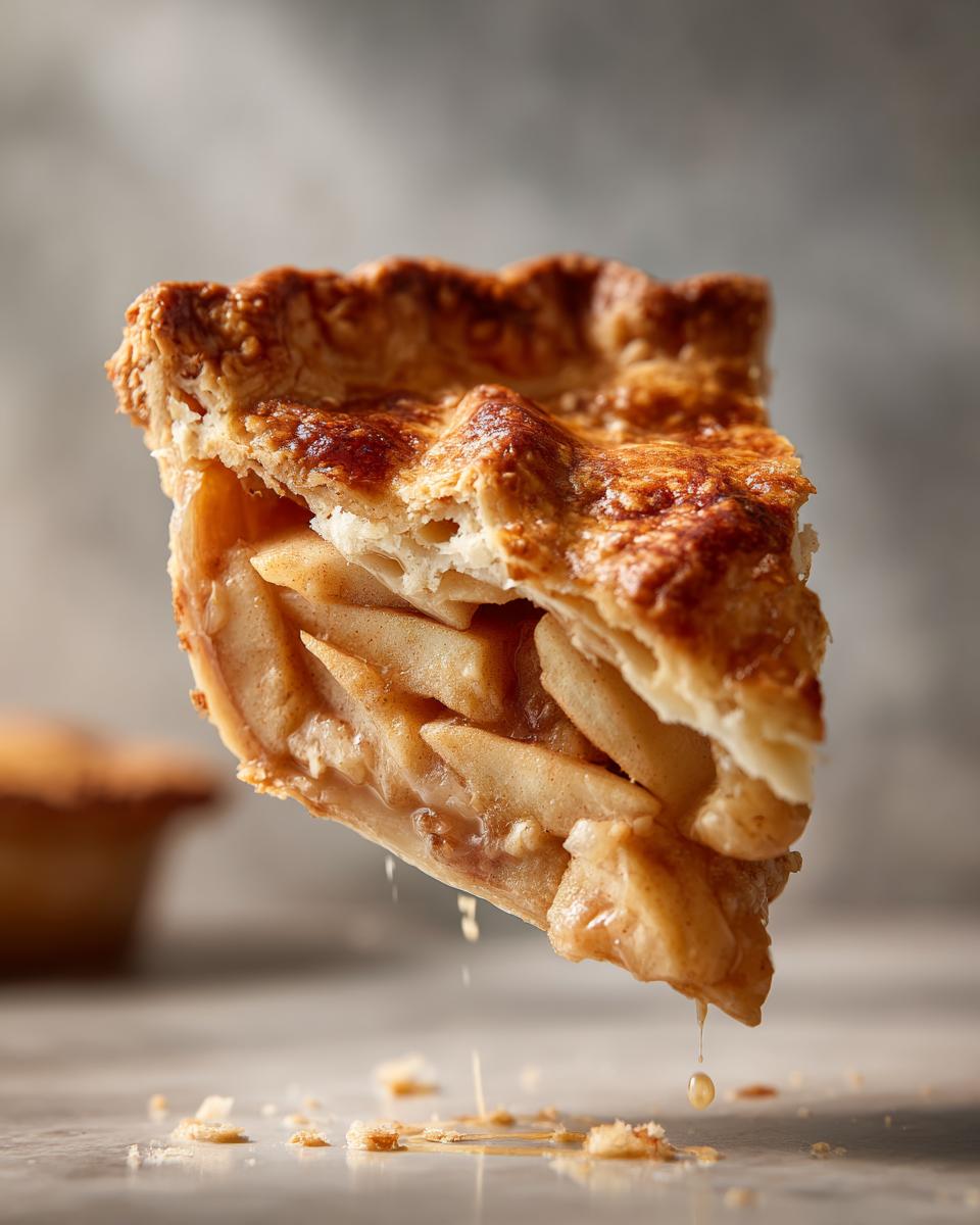 A close-up of a slice of easy apple pie, with flaky crust and visible apple filling, a drip of syrup falling.
