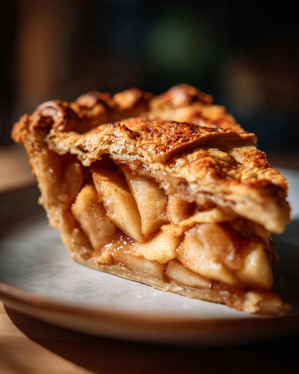 A close-up view of a slice of easy apple pie, showcasing flaky crust and tender apple filling.
