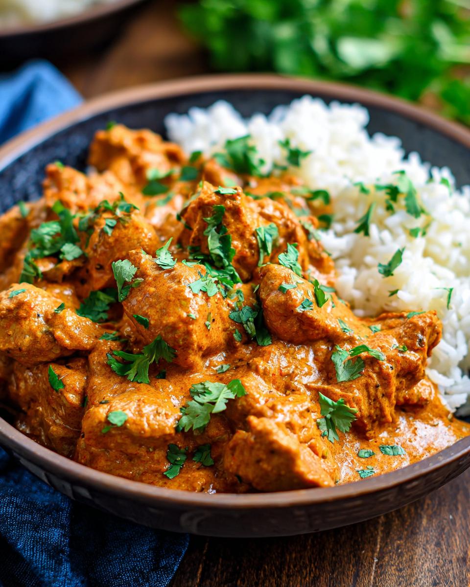 A close-up shot of a bowl of Easy Butter Chicken served with fluffy white rice and garnished with fresh cilantro.