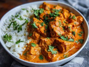 A bowl of easy butter chicken served with fluffy white rice and garnished with fresh cilantro.
