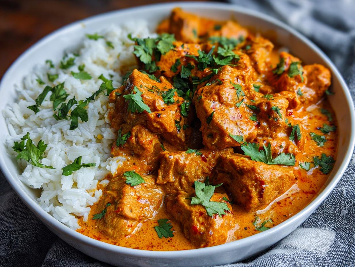 A bowl of easy butter chicken served with fluffy white rice and garnished with fresh cilantro.