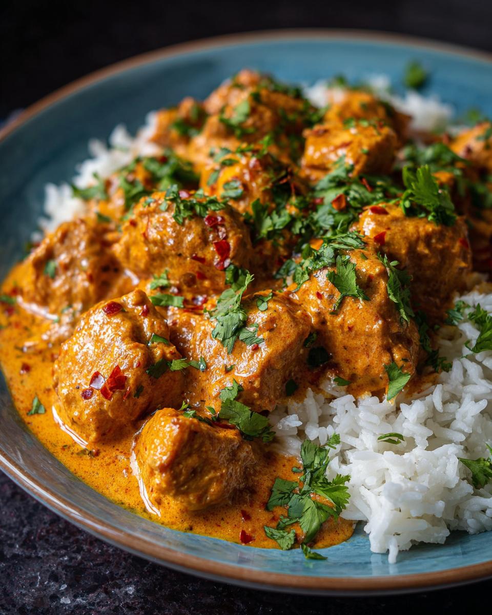 A close-up of tender chicken pieces in a creamy, orange sauce, served over fluffy white rice and garnished with fresh cilantro and chili flakes. This is an easy butter chicken dish.