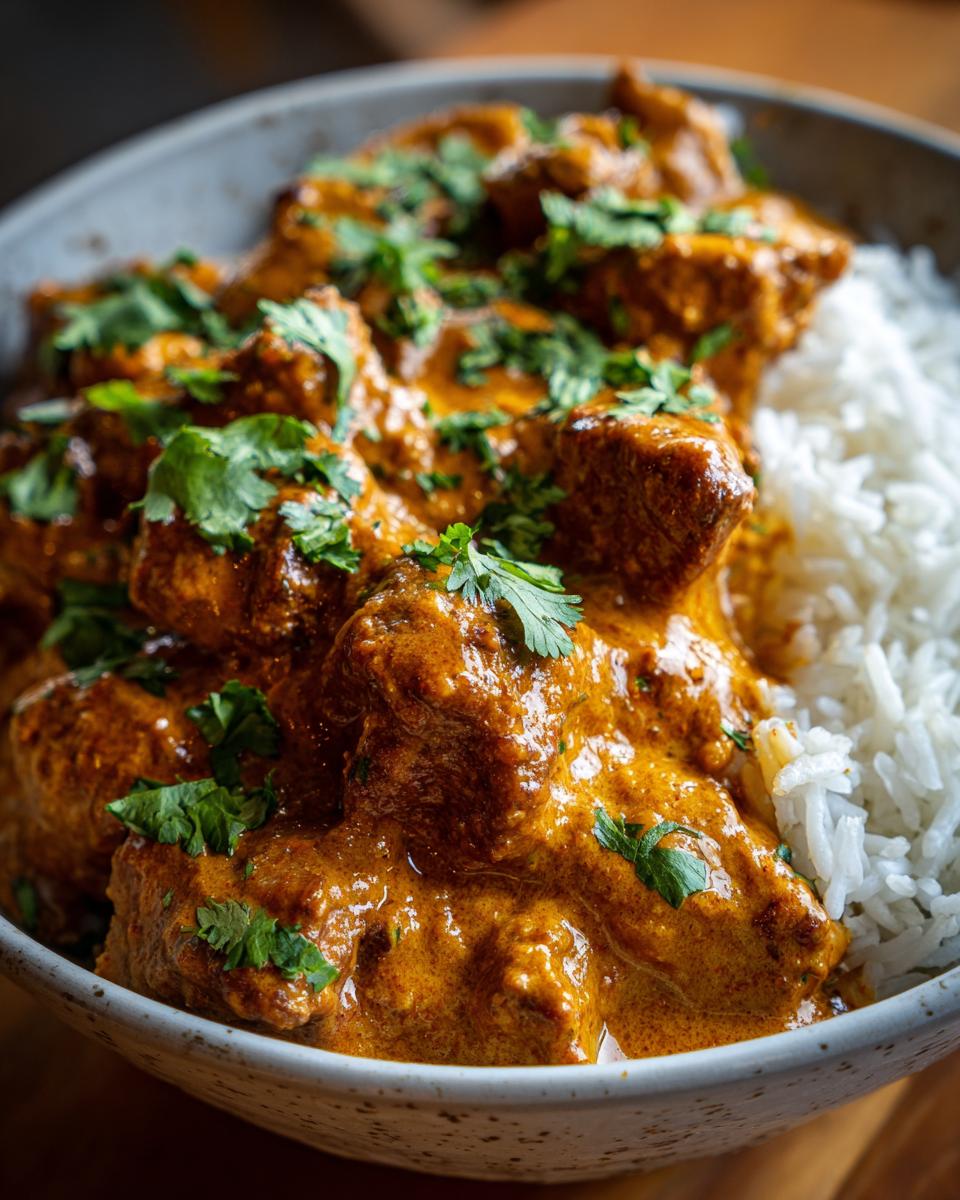 A close-up of a bowl of easy butter chicken served with fluffy white rice and garnished with fresh cilantro.