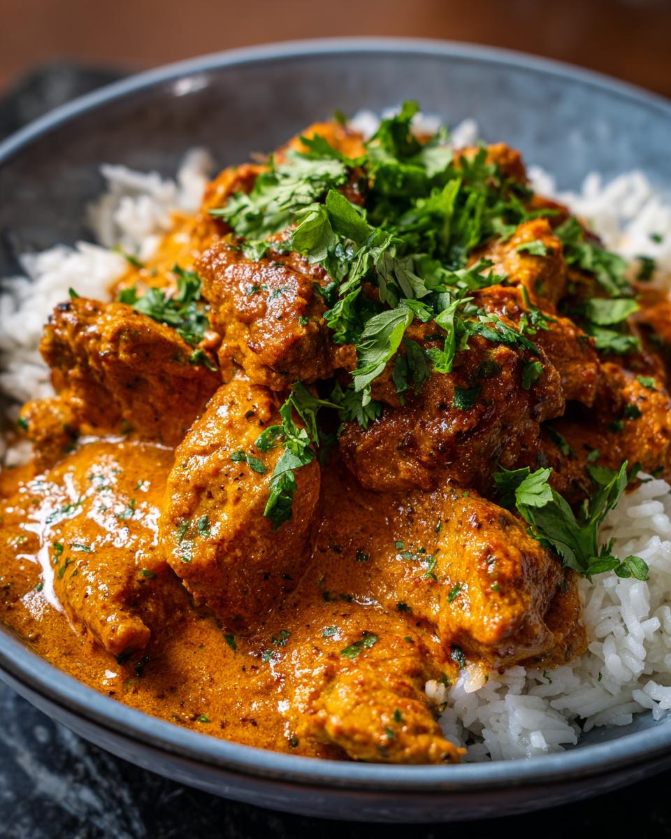 A close-up of a bowl filled with fluffy white rice topped with tender pieces of Easy Butter Chicken in a creamy orange sauce, garnished with fresh cilantro.