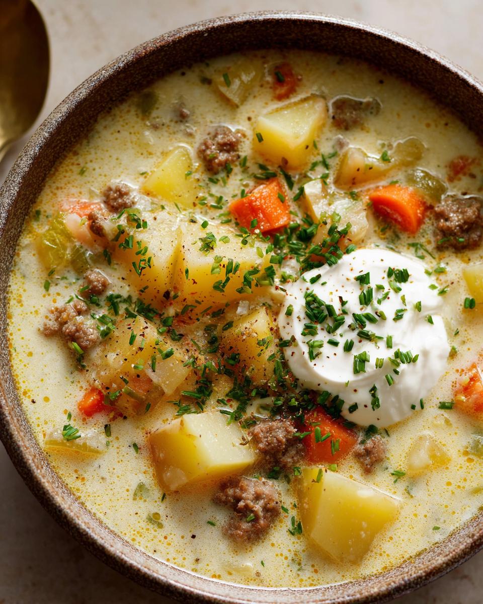 A close-up of a bowl of Easy Cheeseburger Soup, featuring chunks of potato, ground beef, carrots, and a dollop of sour cream topped with chives.