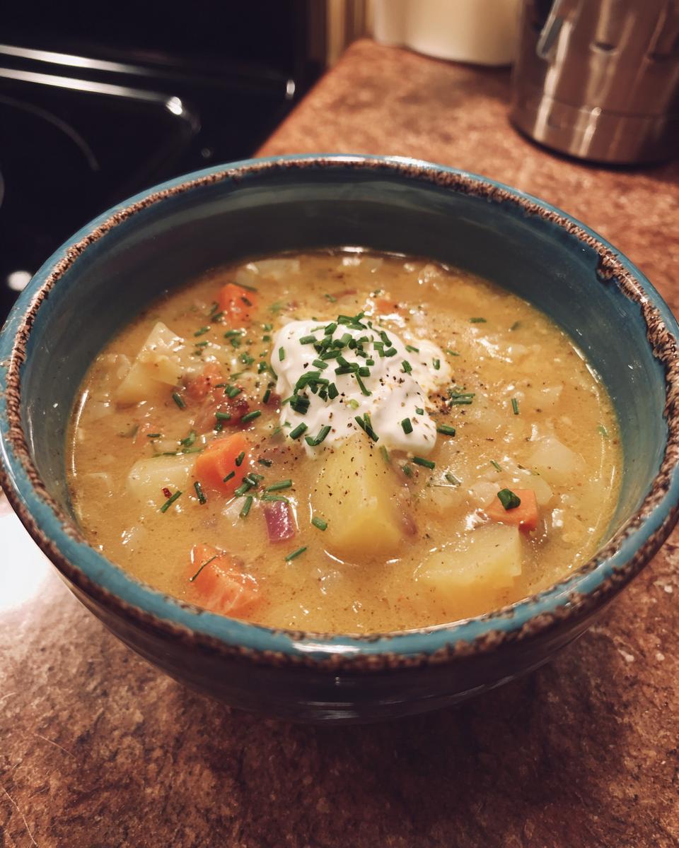 A bowl of Easy Cheeseburger Soup topped with sour cream and chives, featuring potatoes, carrots, and onions.