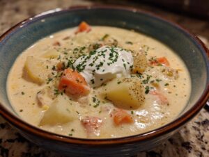 A close-up of a hearty bowl of easy cheeseburger soup, topped with sour cream and chives.