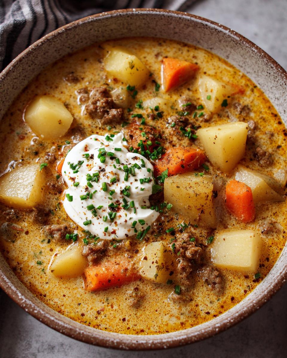 A hearty bowl of easy cheeseburger soup, filled with ground beef, potatoes, carrots, and topped with a dollop of sour cream and chives.