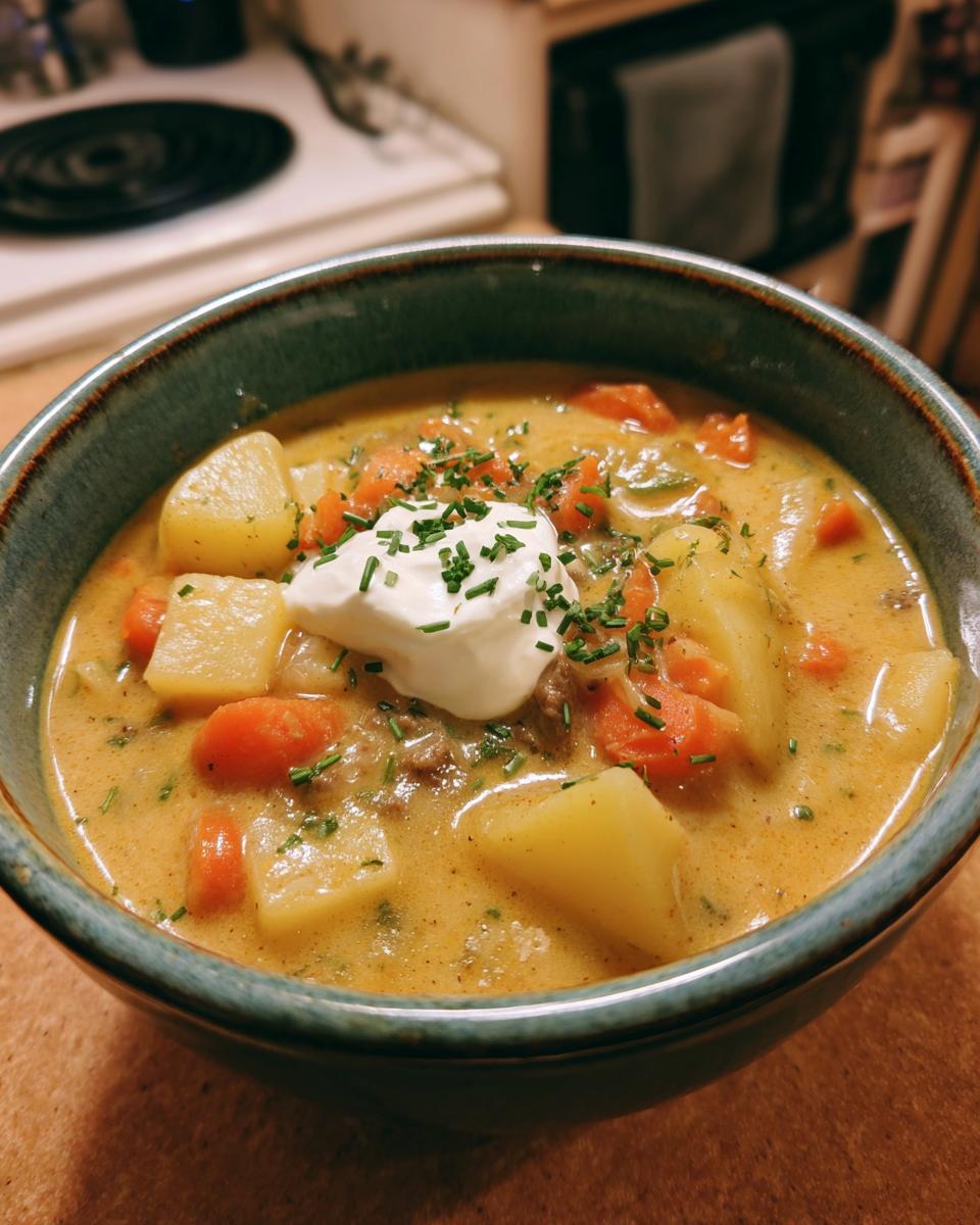 A close-up of a bowl of easy cheeseburger soup, filled with chunks of potatoes, carrots, and ground beef, topped with sour cream and chives.