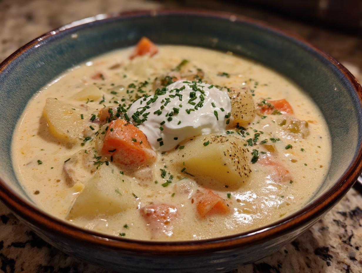 A close-up of a hearty bowl of easy cheeseburger soup, topped with sour cream and chives.