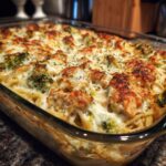 A close-up of an easy chicken alfredo bake with broccoli florets and melted cheese.