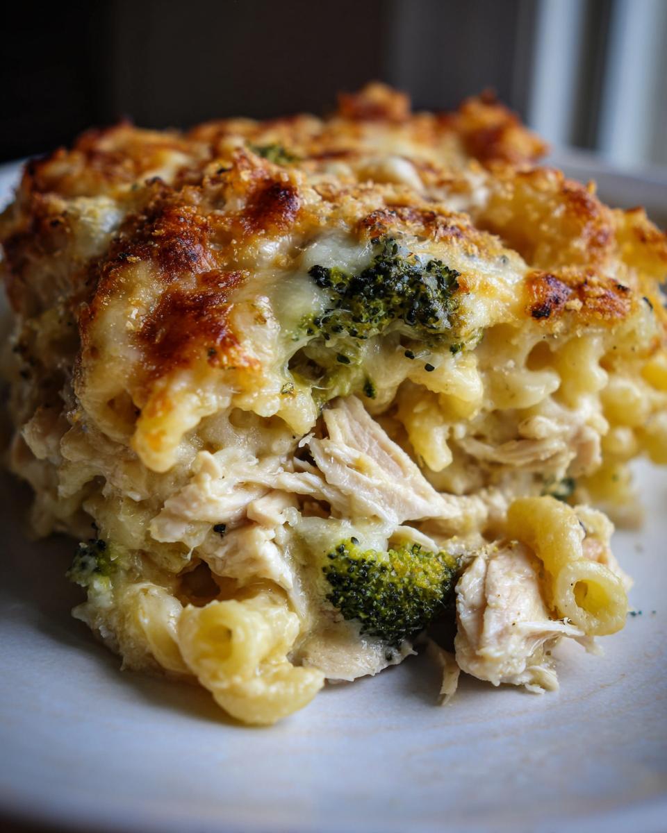 A close-up of a serving of easy chicken alfredo bake with pasta, shredded chicken, and broccoli florets, topped with melted cheese and breadcrumbs.