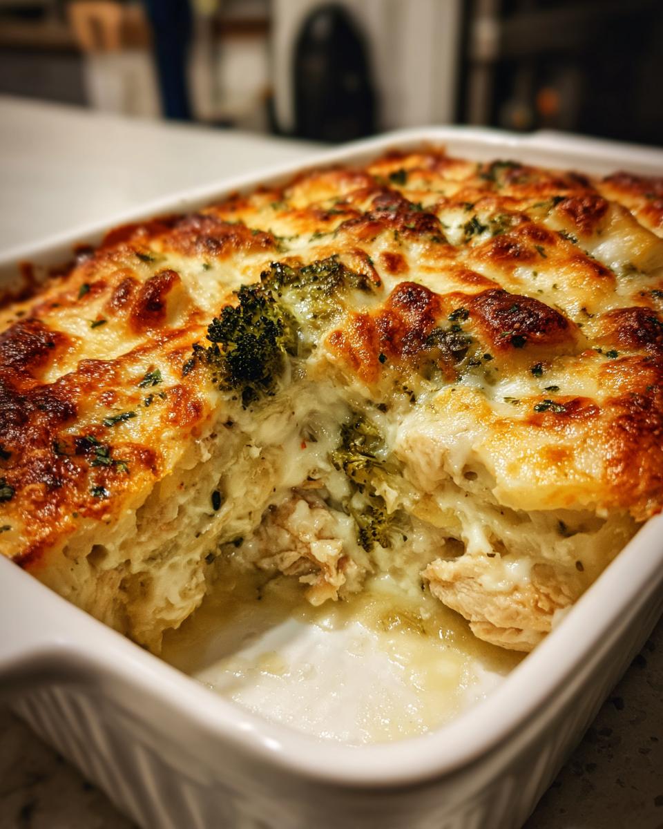 A close-up of a white baking dish filled with an easy chicken alfredo bake, featuring melted cheese, chicken, and broccoli.