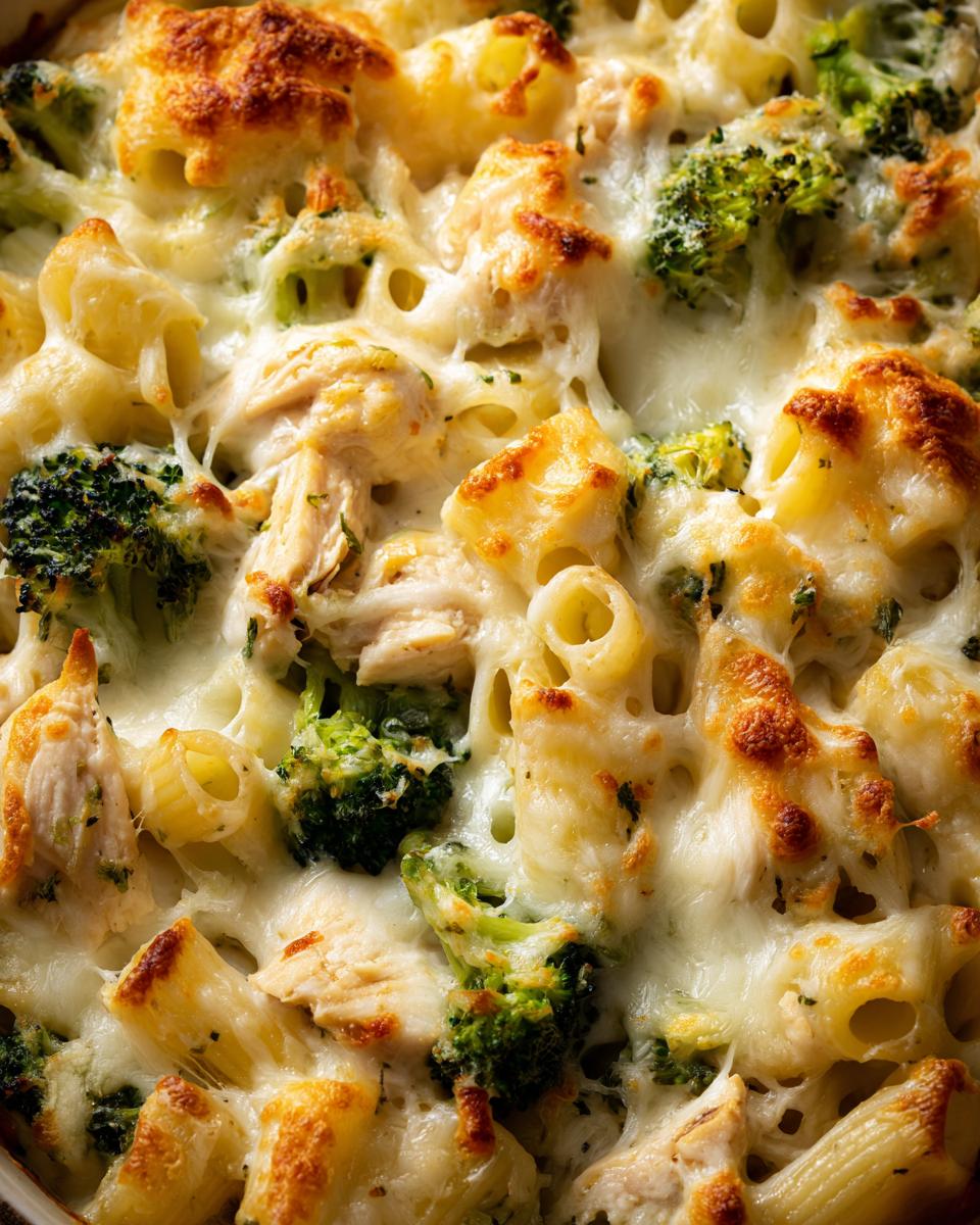 Close-up of an easy chicken alfredo bake with pasta, chicken, and broccoli, covered in melted cheese.