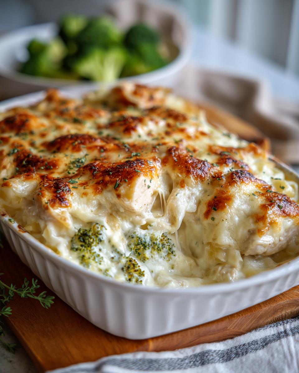 A close-up of a bubbling easy chicken alfredo bake with broccoli and melted cheese.