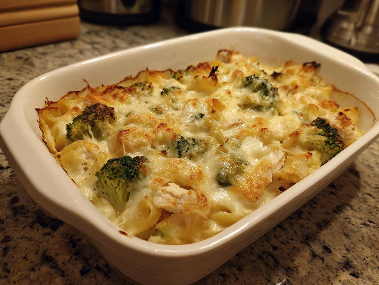 A close-up of an easy chicken alfredo bake with pasta, chicken, and broccoli, topped with melted cheese.