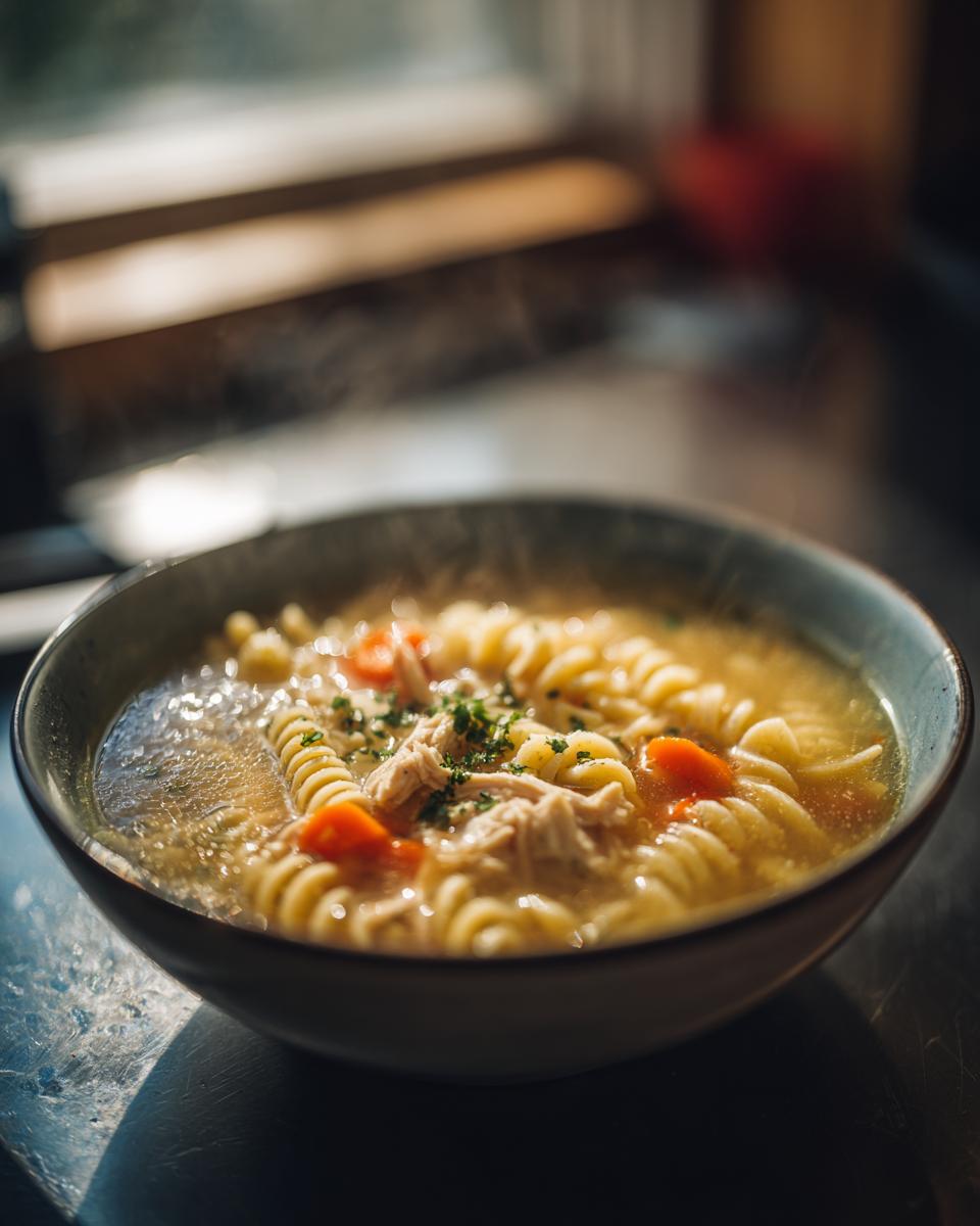 A close-up of a steaming bowl of easy chicken noodle soup with rotini pasta, shredded chicken, and carrots, garnished with parsley.