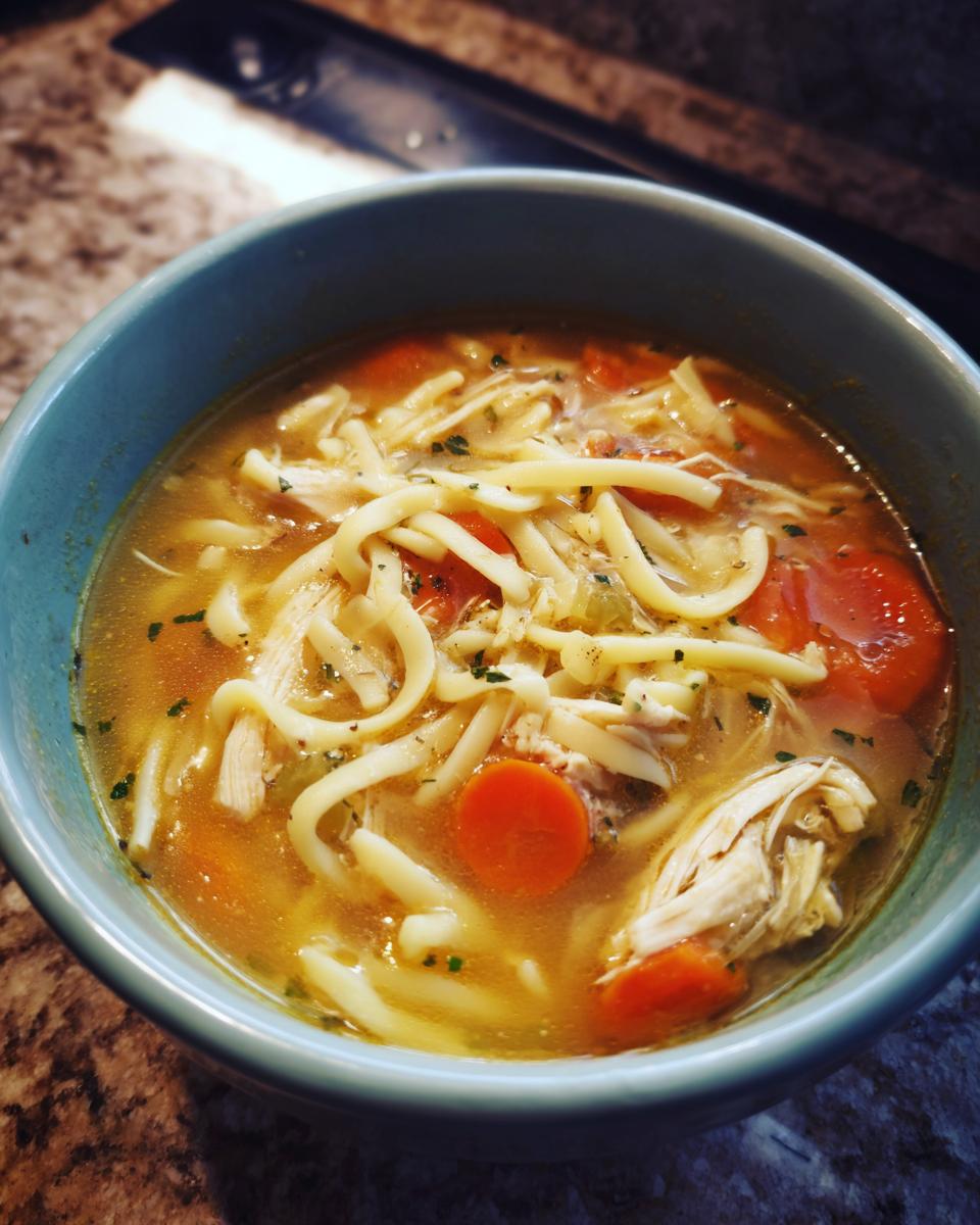A close-up of a blue bowl filled with easy chicken noodle soup, featuring noodles, shredded chicken, and carrots.